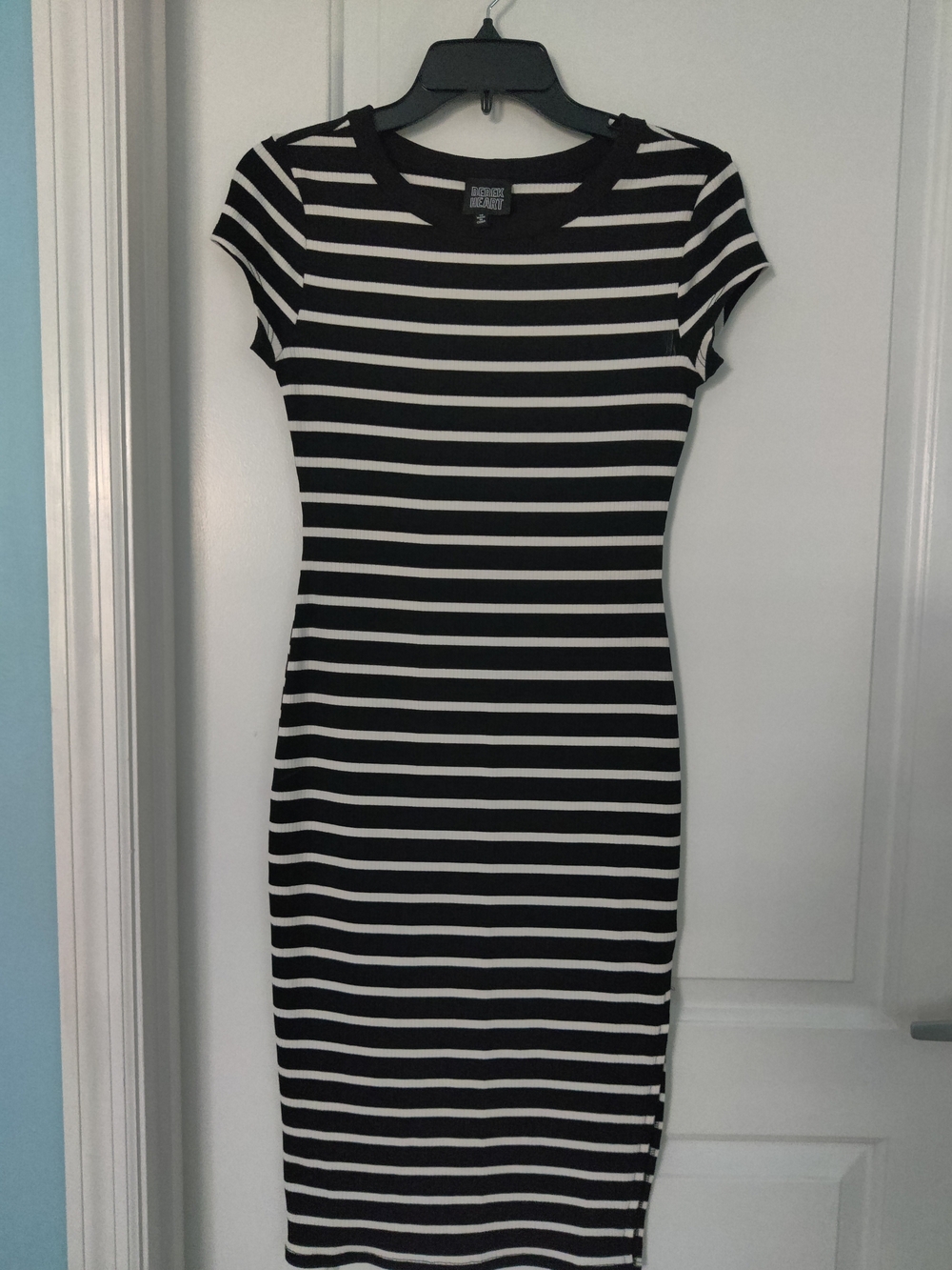 Derek Heart Black and White Striped With Leg Slit Midi Bodycon Dress